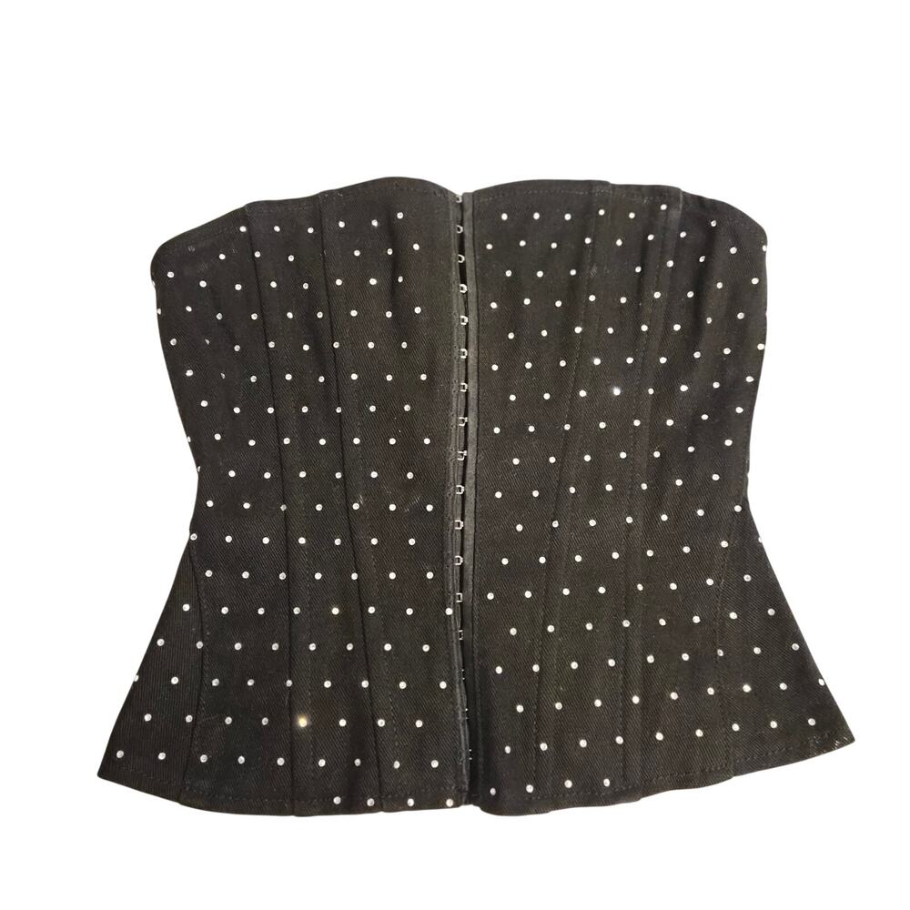 WeWoreWhat Black Denim Rhinestone‎ Corset Top Size 0 Hook Eye Strapless